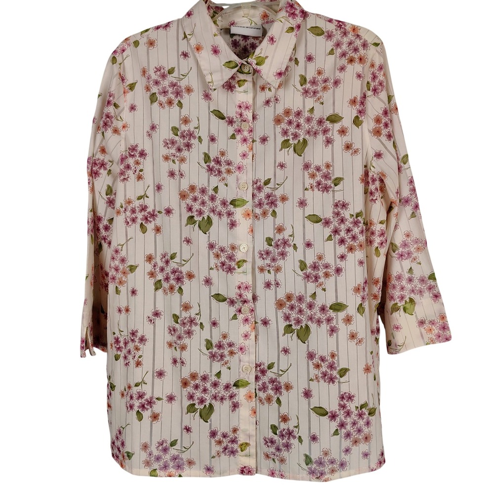 Alfred Dunner Womens SZ 16 Floral Button Down Blouse Pink Striped Cottagecore